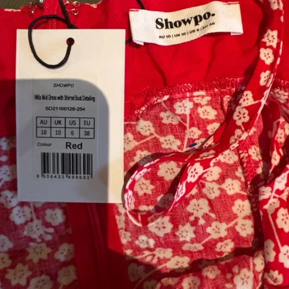 Showpo Willa Red Floral cottage inspired Midi Dress with Slit. Size 6. NWT - Picture 6 of 9